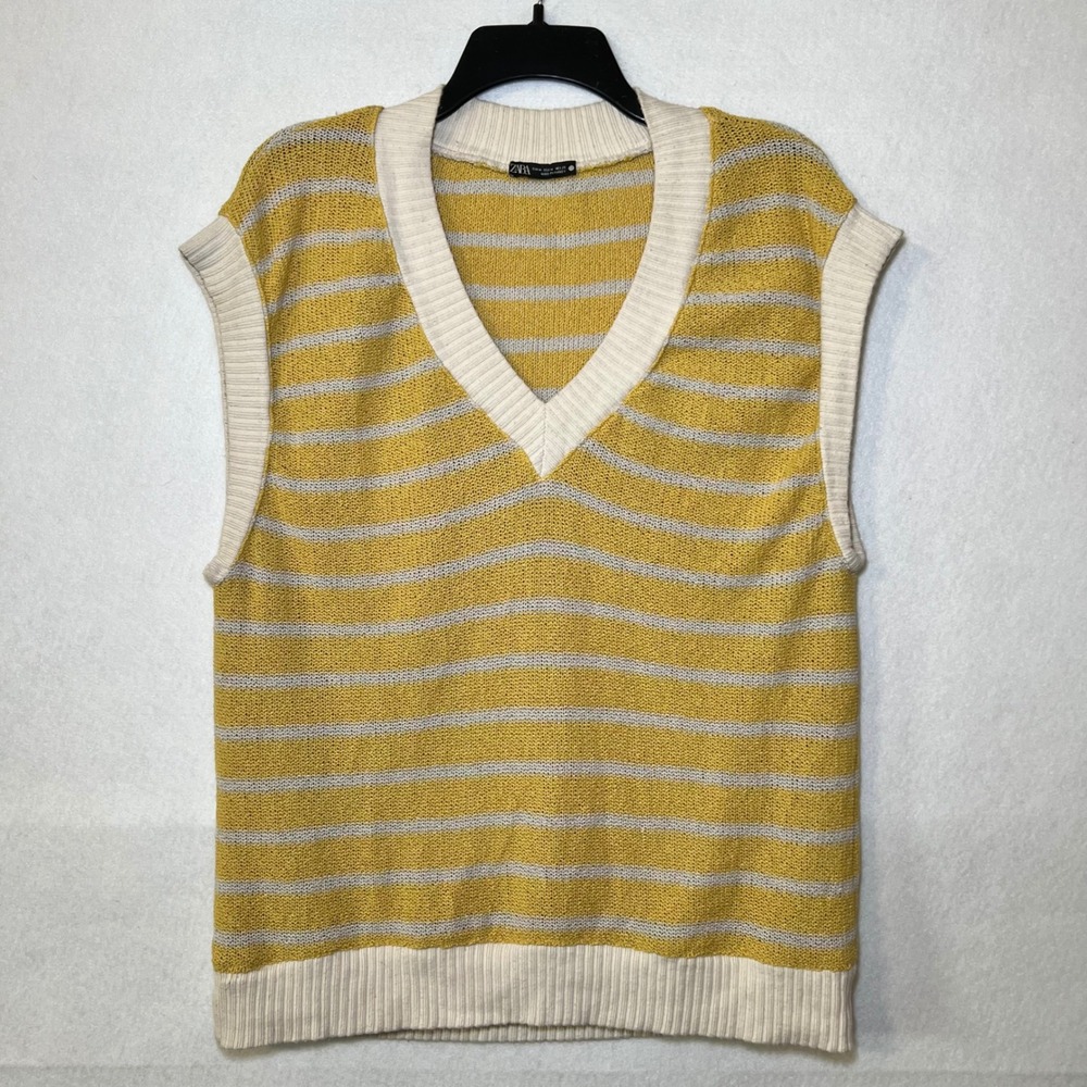 Zara Collegiate Preppy Academia Yellow Cream Striped Knit Sweater Vest Women M